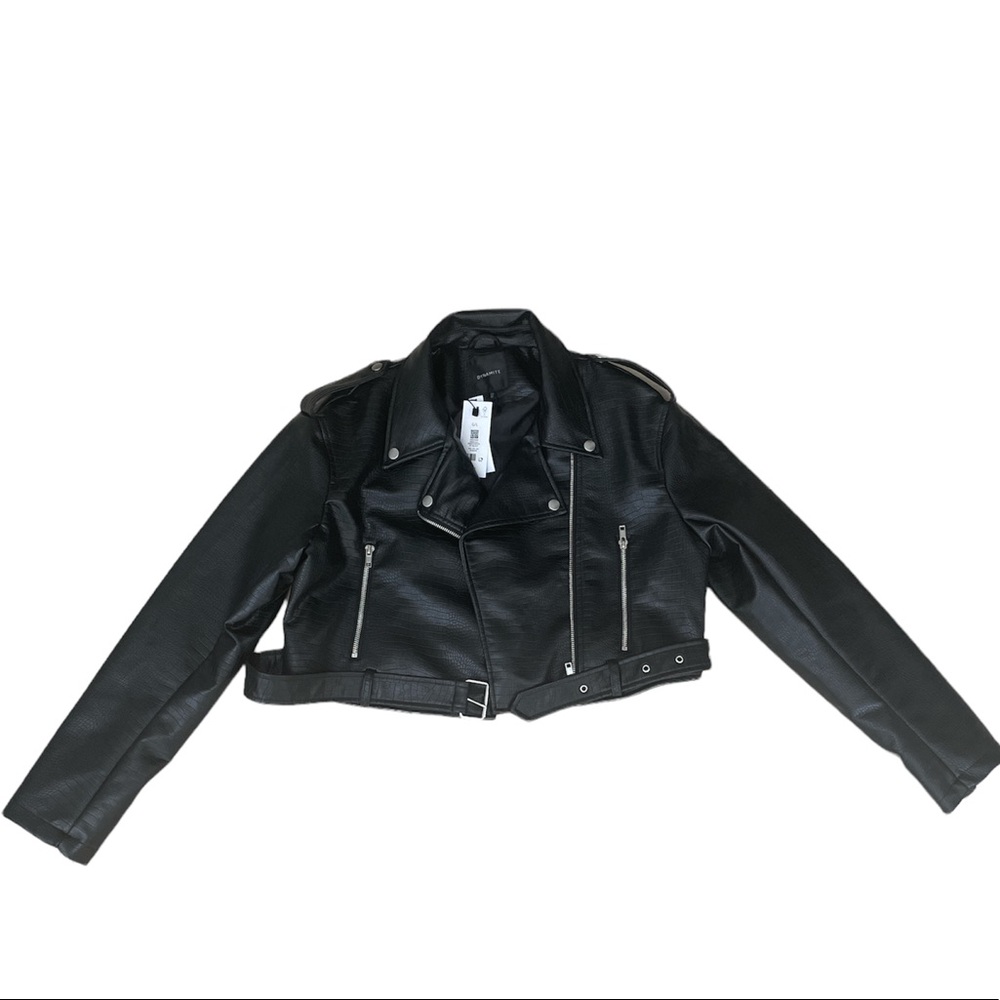 NWT Black cropped faux croc leather jacket size Large
